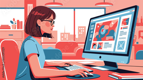 Modern flat vector illustration of female graphic designer working in office with large monitor, creative work scene, ideal for agency branding