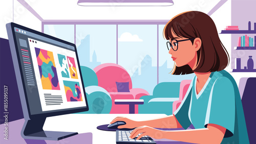 Modern flat vector illustration of female graphic designer working in office with large monitor, creative work scene, ideal for agency branding
