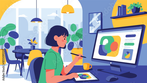 Modern flat vector illustration of female graphic designer working in office with large monitor, creative work scene, ideal for agency branding