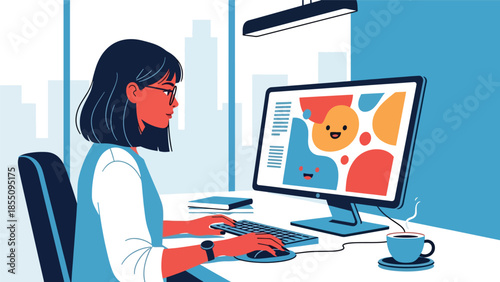 Modern flat vector illustration of female graphic designer working in office with large monitor, creative work scene, ideal for agency branding