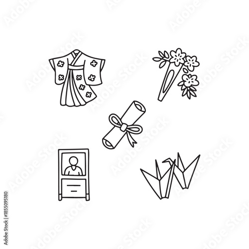 Seijin no Hi Doodle Icon Set  Hand-Drawn Coming of Age Day Symbols