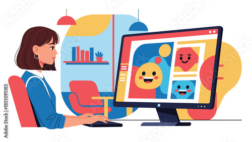 Modern flat vector illustration of female graphic designer working in office with large monitor, creative work scene, ideal for agency branding