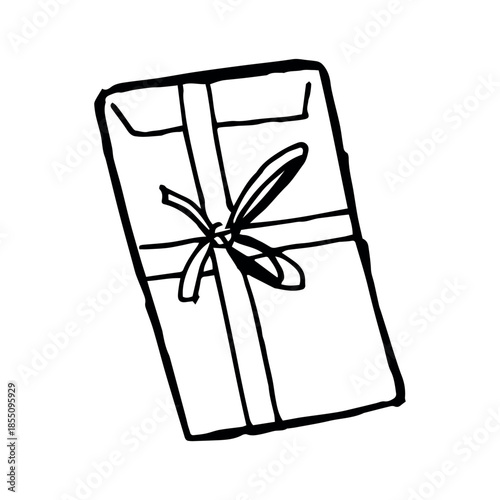 Hand drawn large parcel envelope tied with ribbon bow. Black line art illustration for mail, delivery, packaging, stationery design, branding, handmade, planners and postal concepts