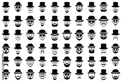 Collection of gentleman avatar icons with top hats, bowlers, beards and mustaches