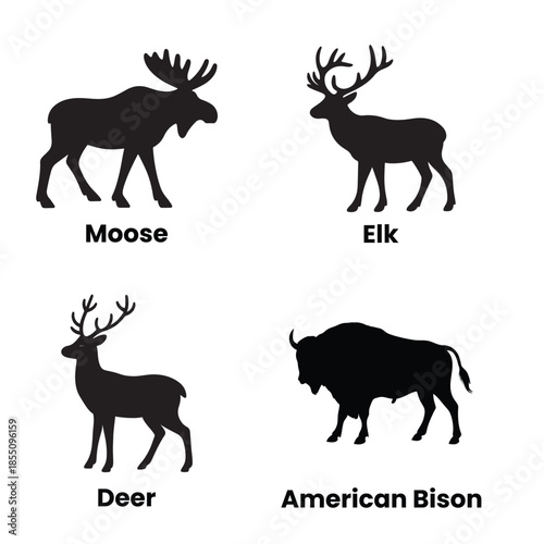 Moose, American Bison, Elk and Deer silhouettes vector set illustration.