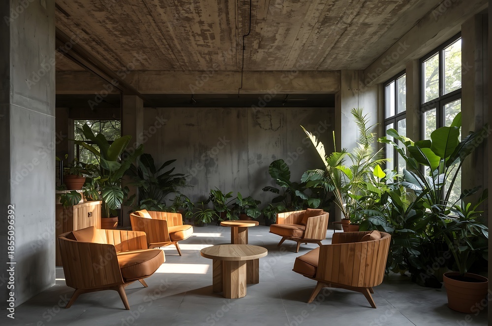 Fototapeta premium A serene interior with concrete and exposed stone featuring wooden furniture and lush greenery viewed from a central perspective