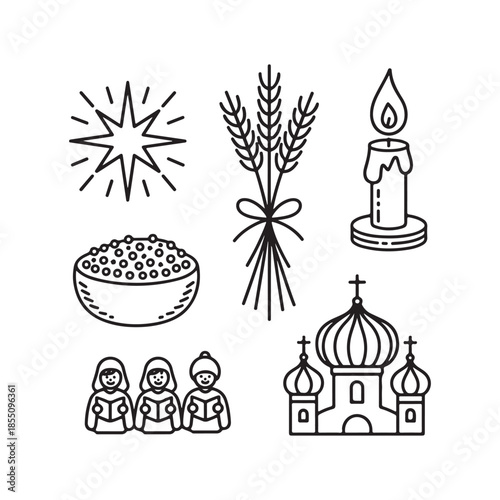 Cute Minimal Doodle Line Icons Orthodox Christmas Celebration Elements