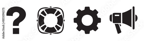Question mark, lifebuoy, gear, and megaphone icons are presented as a set of essential symbols for problem-solving, support, and communication in a clean vector graphic.