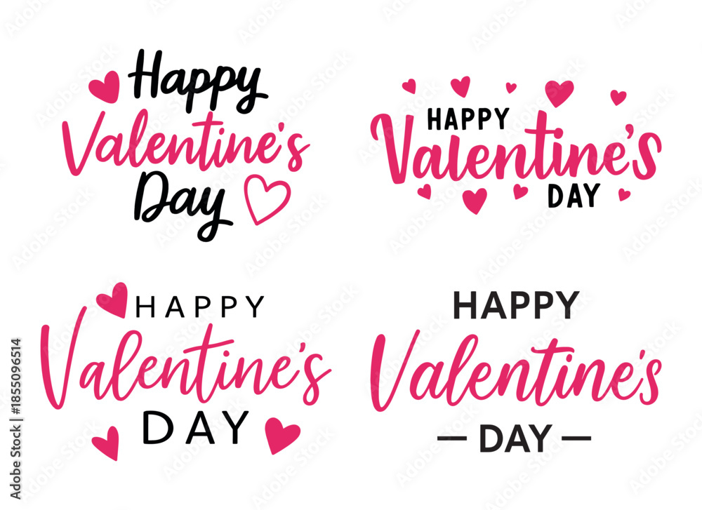 Fototapeta premium Happy Valentine’s Day Hand Drawn Set Lettering with Hearts