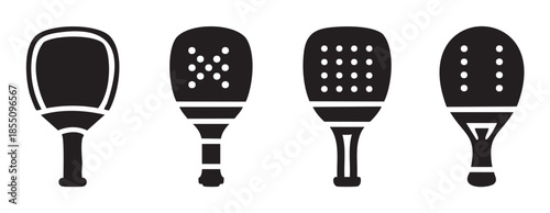 Four paddle rackets icons represent various sports equipment used for playing beach tennis, padel, or pickleball games, showcasing different designs.