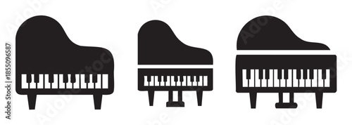 Three grand pianos in various stylized black silhouettes are displayed as minimalist icons representing music, performance, and classical instruments.