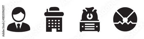 Business finance and economic concept icons representing various aspects of corporate operations, investment, and market analysis in a clean, modern style.