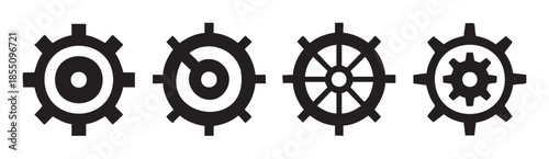 Gear icons set vector illustration collection representing various mechanical settings, progress, and control concepts for modern digital interfaces and industrial designs.