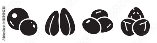 Various nuts and seeds silhouette vector illustration set depicting different types of healthy snacks, ingredients, and food items for culinary and dietary concepts.