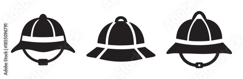 Three distinct pith helmets displayed as iconic black silhouettes, symbolizing adventure, exploration, and historical uniforms often associated with tropical expeditions.
