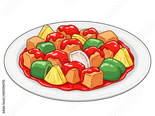 Savory Sweet and Sour Dish with Pineapple Peppers and Cubes on Plate