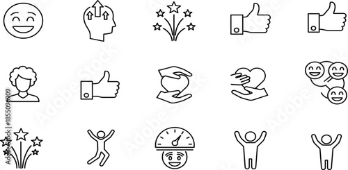 Positive emotion and feedback line icon set showing happiness approval motivation care support satisfaction success and encouragement symbols
