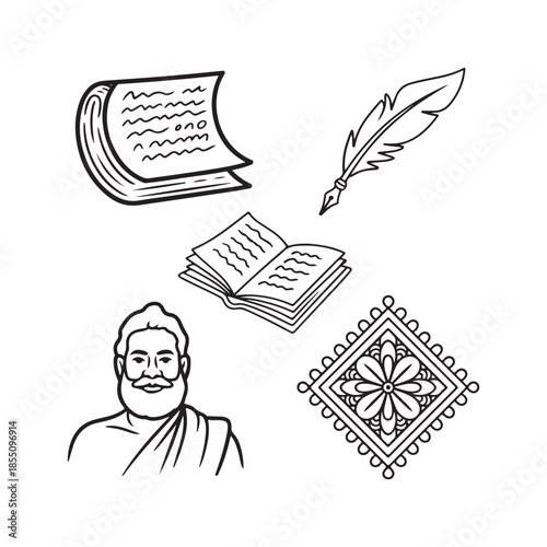 Tiruvalluvar Day Doodle Icon Set  Hand-Drawn Tamil Poet & Cultural Symbols