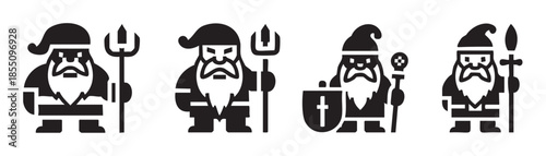 Bearded fantasy characters with various weapons and staffs are presented in a striking black and white iconic vector illustration set, perfect for gaming or mythological themes.