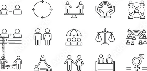 Equality diversity inclusion teamwork justice balance collaboration community human rights social equity people connection icons line design