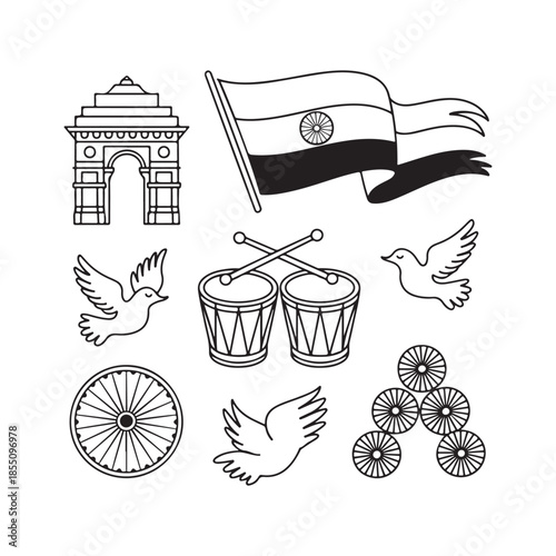 Minimal Doodle Line Icons  India Republic Day Patriotic Elements