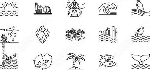 Ocean environmental line icon set showing climate change pollution renewable energy marine life waves sustainability conservation symbols