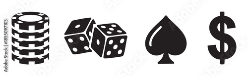 Poker chips, dice, spade, and dollar sign symbols represent elements of gambling, chance, and financial risk in a stylized vector illustration.