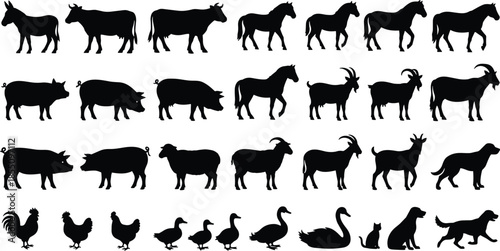 Farm animal silhouette illustration set with cow horse goat pig sheep poultry black white vector icons isolated rural design
