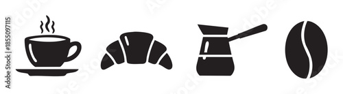 Coffee and breakfast related food drink icons presented in a clean, minimalist black silhouette style for various design projects.