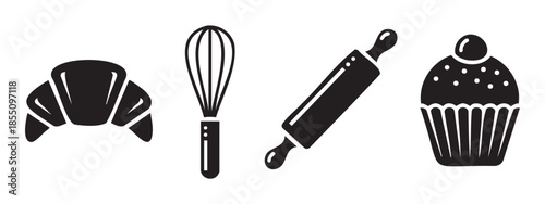 Baking tools and delicious pastries vector icons featuring a croissant, whisk, rolling pin, and cupcake, perfect for culinary designs and menus.
