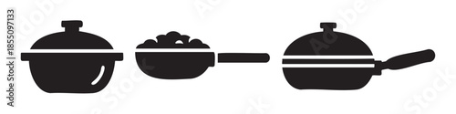 Cooking pots pans and measuring cup silhouettes illustrate various kitchenware and culinary tools used for preparing delicious meals and ingredients in a home kitchen.