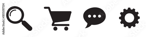 Web interface icons representing search, shopping, chat, and settings are essential elements for modern digital platforms and user experience design.