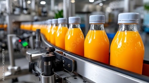 Bottles of Fresh Orange Juice on Production Line in Modern Beverage Factory