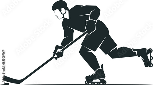 Dynamic silhouette of an inline hockey player in action. This minimalist black vector graphic captures the speed, skill, and intensity of roller hockey, perfect for sports branding and competition.