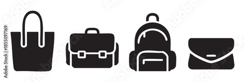 Various types of bags and luggage icons representing different styles of carrying items for travel, work, and daily use, presented in a clean, modern black silhouette design.