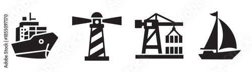 Maritime icons including a container ship, lighthouse, port crane, and sailboat illustrate various aspects of sea transport and navigation.