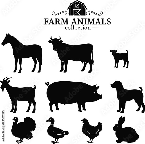 Farm animal silhouettes collection featuring horse cow goat pig dog poultry rabbit isolated black vector icons set