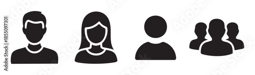 User profile icons representing male, female, and generic individuals along with a group of people for various digital applications.