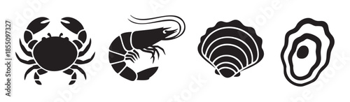 Various seafood and shellfish icons, including crab, shrimp, and oysters, are presented as simple black silhouettes, perfect for menus or culinary designs.