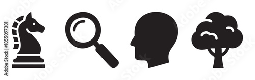 Four distinct black silhouette icons representing various concepts of strategy, discovery, thought, and nature are displayed in a clean, minimalist style.