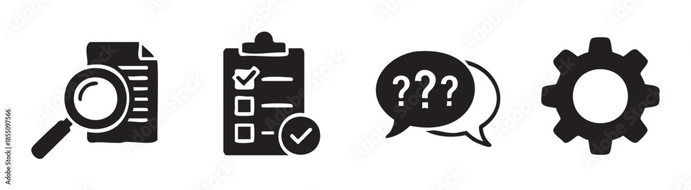 Fototapeta premium Problem solving process icons set with search, checklist, questions, and settings symbols for effective business management and development.