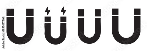 U-shaped magnets vector illustration set showing magnetic force and attraction with lightning bolt symbols above one of the powerful black icons.