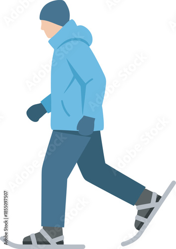 Enjoy winter adventures, flat vector illustration of a person snowshoeing. Perfect for outdoor recreation, fitness, and seasonal travel content showcasing cold weather sports and gear.