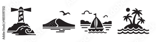 Coastal and travel themed icons are rendered in a minimalist black and white graphic style, featuring a lighthouse, sand dune, sailboat, and tropical island.
