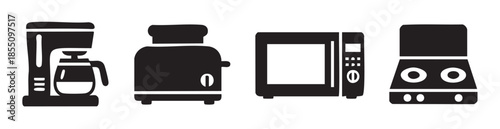 Kitchen appliances icons set featuring coffee maker, toaster, microwave oven, and stovetop, representing modern home cooking and beverage preparation.