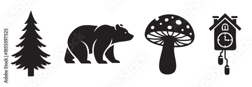 Pine tree, bear, mushroom, and cuckoo clock silhouettes represent traditional forest and nature elements in a simple graphic style.