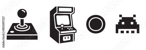 Retro video game icons featuring classic arcade elements like a joystick, cabinet, button, and pixelated alien character, representing vintage entertainment and digital nostalgia.