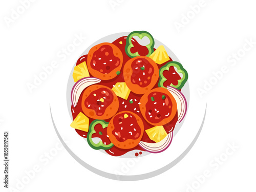 Vibrant Sweet and Sour Meatballs with Pineapple and Bell Peppers on White Plate Top Down View