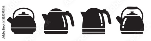 Four different kettles and teapots in various styles are depicted as black silhouette icons, representing kitchen appliances for boiling water or brewing hot beverages.