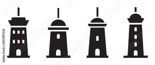 Four distinct black silhouette lighthouse icons representing navigation, safety, and coastal guidance in a minimalist graphic style.